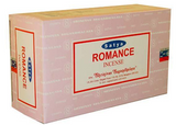 Front view of the Satya Incense 15g 12-Count Display box in the Romance variant featuring bright pink highlights. This combustible agarbatti stick display unit is ideal for vertical counter placement to drive impulse checkout transactions.