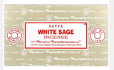 Front view of the Satya Incense 15g 12-Count Display box in the White Sage variant featuring crisp white and soft green packaging. This combustible agarbatti stick display unit is ideal for vertical counter placement to drive impulse checkout transactions.