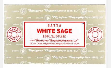 Front view of the Satya Incense 15g 12-Count Display box in the White Sage variant featuring crisp white and soft green packaging. This combustible agarbatti stick display unit is ideal for vertical counter placement to drive impulse checkout transactions.