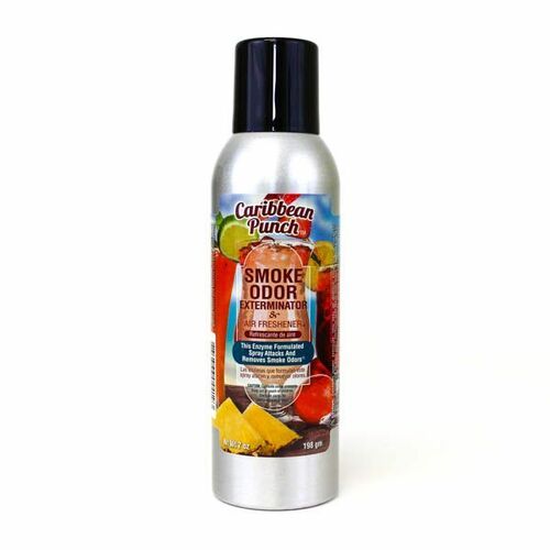 Front view of the Smoke Odor Exterminator Air Freshener 7oz in a red and orange Caribbean Punch design. This aluminum aerosol canister features an active enzyme formula that physically binds to and neutralizes airborne smoke and environmental smells.