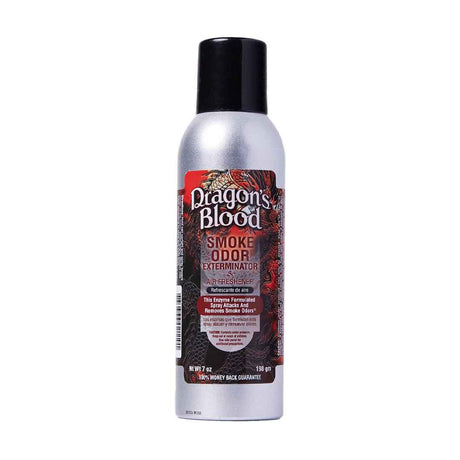 Front view of the Smoke Odor Exterminator Air Freshener 7oz in a red dragon design. This aluminum aerosol canister features an active enzyme formula that physically binds to and neutralizes airborne smoke and environmental smells.