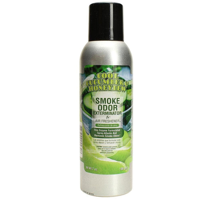 Front view of the Smoke Odor Exterminator Air Freshener 7oz in a green Cool Cucumber & Honeydew design. This aluminum aerosol canister features an active enzyme formula that physically binds to and neutralizes airborne smoke and environmental smells.