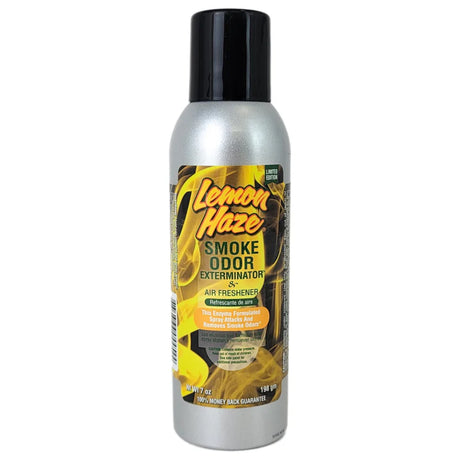 Front view of the Smoke Odor Exterminator Air Freshener 7oz in a yellow smoke lemon haze design. This aluminum aerosol canister features an active enzyme formula that physically binds to and neutralizes airborne smoke and environmental smells.