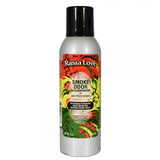 Front view of the Smoke Odor Exterminator Air Freshener 7oz in a red, yellow, green Rasta Love design. This aluminum aerosol canister features an active enzyme formula that physically binds to and neutralizes airborne smoke and environmental smells.