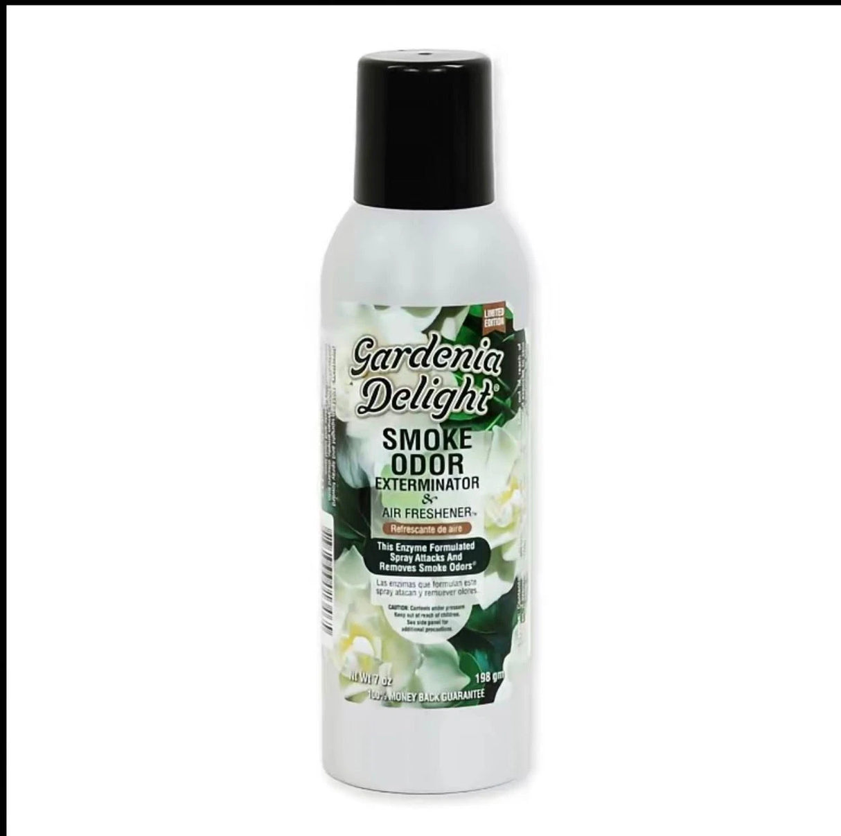 Front view of the Smoke Odor Exterminator Air Freshener 7oz in a white and green flower gardenia delight design. This aluminum aerosol canister features an active enzyme formula that physically binds to and neutralizes airborne smoke and environmental smells.