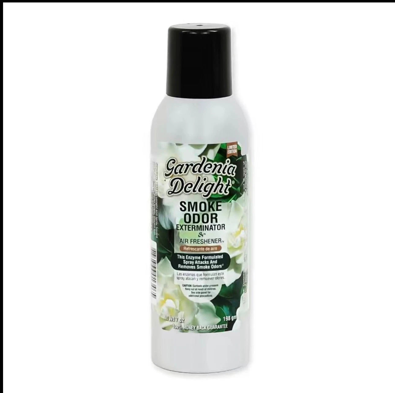 Front view of the Smoke Odor Exterminator Air Freshener 7oz in a white and green flower gardenia delight design. This aluminum aerosol canister features an active enzyme formula that physically binds to and neutralizes airborne smoke and environmental smells.