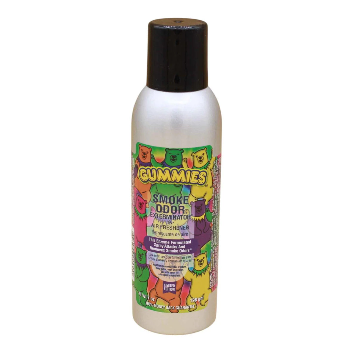 Front view of the Smoke Odor Exterminator Air Freshener 7oz in a colorful gummie bear design. This aluminum aerosol canister features an active enzyme formula that physically binds to and neutralizes airborne smoke and environmental smells.