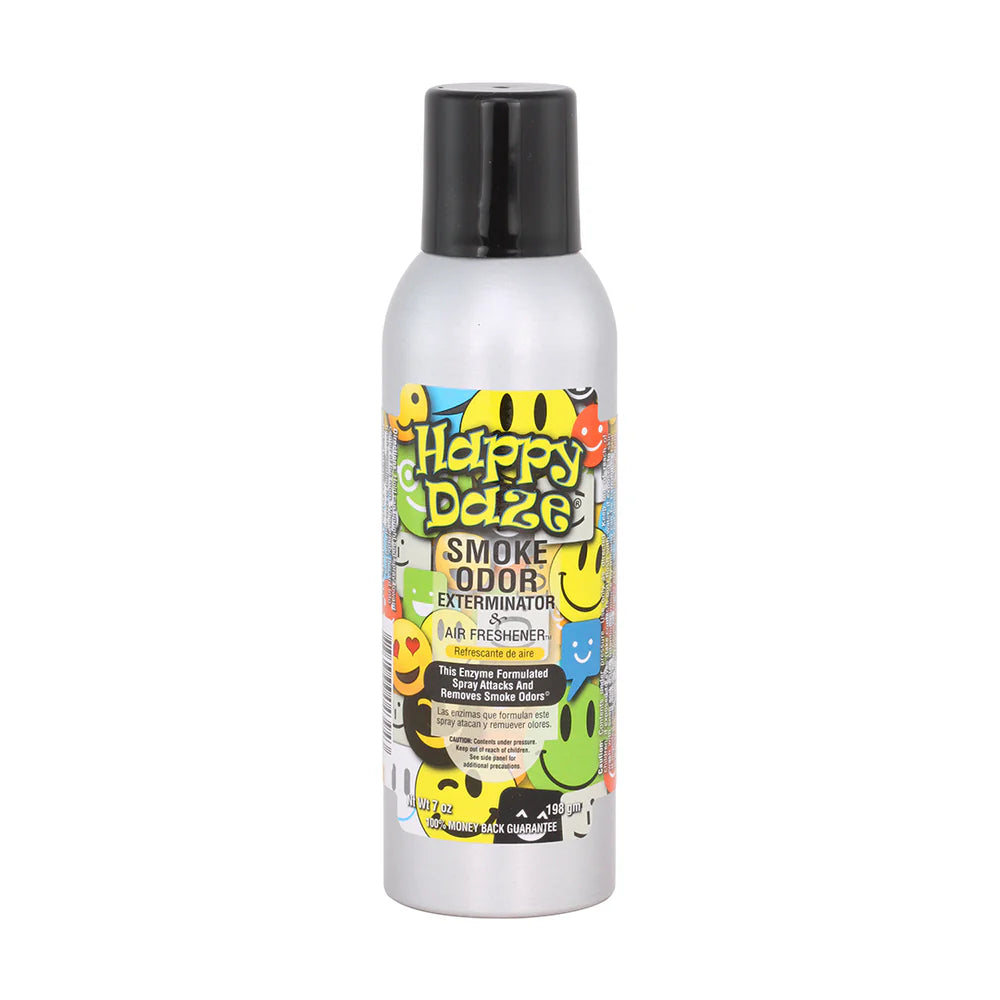 Front view of the Smoke Odor Exterminator Air Freshener 7oz in a emoji happy daze design. This aluminum aerosol canister features an active enzyme formula that physically binds to and neutralizes airborne smoke and environmental smells.