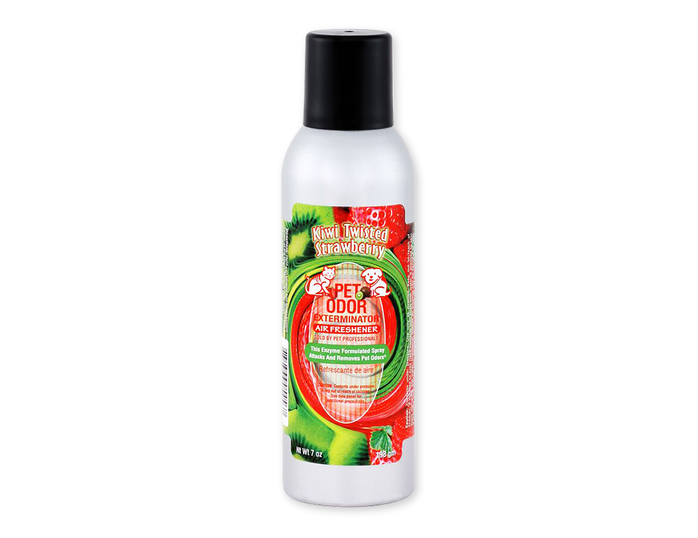 Front view of the Smoke Odor Exterminator Air Freshener 7oz in a red and green Kiwi Twisted Strawberry design. This aluminum aerosol canister features an active enzyme formula that physically binds to and neutralizes airborne smoke and environmental smells.