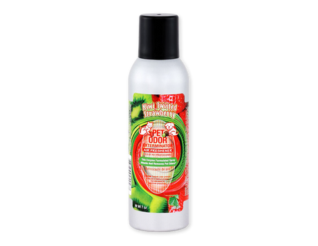 Front view of the Smoke Odor Exterminator Air Freshener 7oz in a red and green Kiwi Twisted Strawberry design. This aluminum aerosol canister features an active enzyme formula that physically binds to and neutralizes airborne smoke and environmental smells.