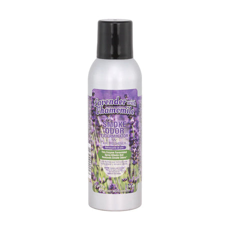 Front view of the Smoke Odor Exterminator Air Freshener 7oz in a purple flower lavender chamomile design. This aluminum aerosol canister features an active enzyme formula that physically binds to and neutralizes airborne smoke and environmental smells.