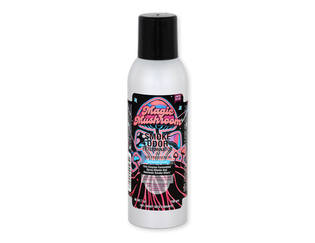 Front view of the Smoke Odor Exterminator Air Freshener 7oz in a neon mushroom magic mushroom design. This aluminum aerosol canister features an active enzyme formula that physically binds to and neutralizes airborne smoke and environmental smells.