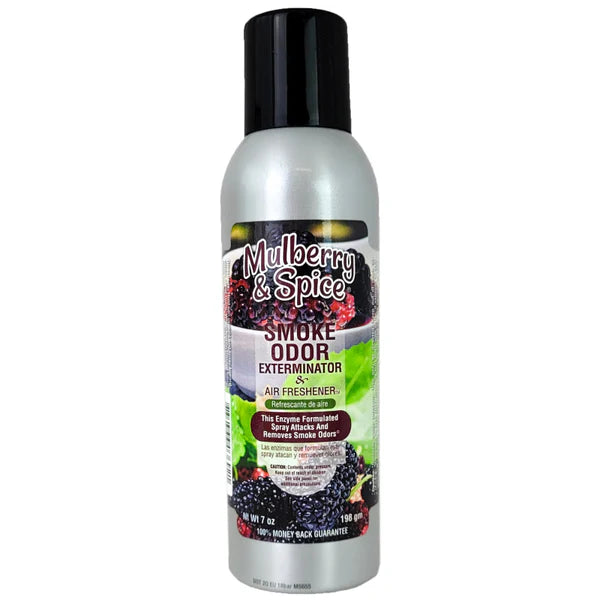 Front view of the Smoke Odor Exterminator Air Freshener 7oz in a burgundy and purple Mulberry & Spice design. This aluminum aerosol canister features an active enzyme formula that physically binds to and neutralizes airborne smoke and environmental smells.