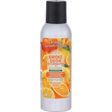 Front view of the Smoke Odor Exterminator Air Freshener 7oz in an orange and yellow Orange Lemon Splash design. This aluminum aerosol canister features an active enzyme formula that physically binds to and neutralizes airborne smoke and environmental smells.