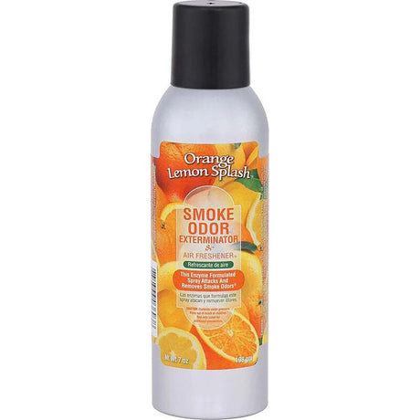 Front view of the Smoke Odor Exterminator Air Freshener 7oz in an orange and yellow Orange Lemon Splash design. This aluminum aerosol canister features an active enzyme formula that physically binds to and neutralizes airborne smoke and environmental smells.