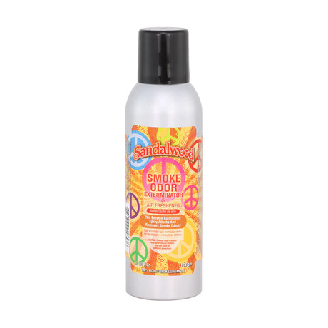 Front view of the Smoke Odor Exterminator Air Freshener 7oz in a colorful peace themed sandalwood design. This aluminum aerosol canister features an active enzyme formula that physically binds to and neutralizes airborne smoke and environmental smells.