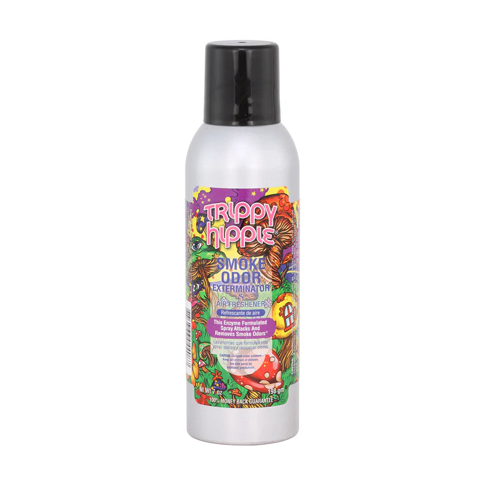 Front view of the Smoke Odor Exterminator Air Freshener 7oz in a psychedelic multi-color Trippy Hippie design. This aluminum aerosol canister features an active enzyme formula that physically binds to and neutralizes airborne smoke and environmental smells.