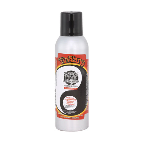 Front view of the Smoke Odor Exterminator Air Freshener 7oz in a red and mono yin and yang design. This aluminum aerosol canister features an active enzyme formula that physically binds to and neutralizes airborne smoke and environmental smells.