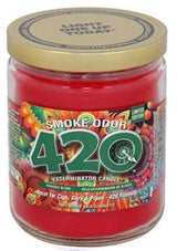 Front view of the Smoke Odor Exterminator Candle 13oz in a green and black 420 design. This enzyme-activated glass mason jar candle physically binds to and neutralizes airborne smoke and environmental smells.