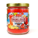 Front view of the Smoke Odor Exterminator Candle 13oz in a tropical orange and red Caribbean Punch design. This enzyme-activated glass mason jar candle physically binds to and neutralizes airborne smoke and environmental smells.