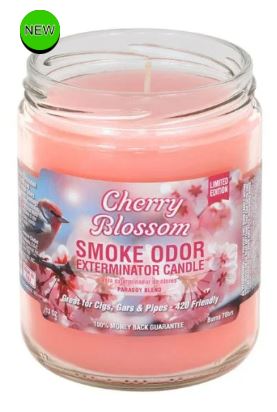Front view of the Smoke Odor Exterminator Candle 13oz in a soft pink Cherry Blossom design. This enzyme-activated glass mason jar candle physically binds to and neutralizes airborne smoke and environmental smells.