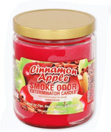 Front view of the Smoke Odor Exterminator Candle 13oz in a red Cinnamon Apple design. This enzyme-activated glass mason jar candle physically binds to and neutralizes airborne smoke and environmental smells.