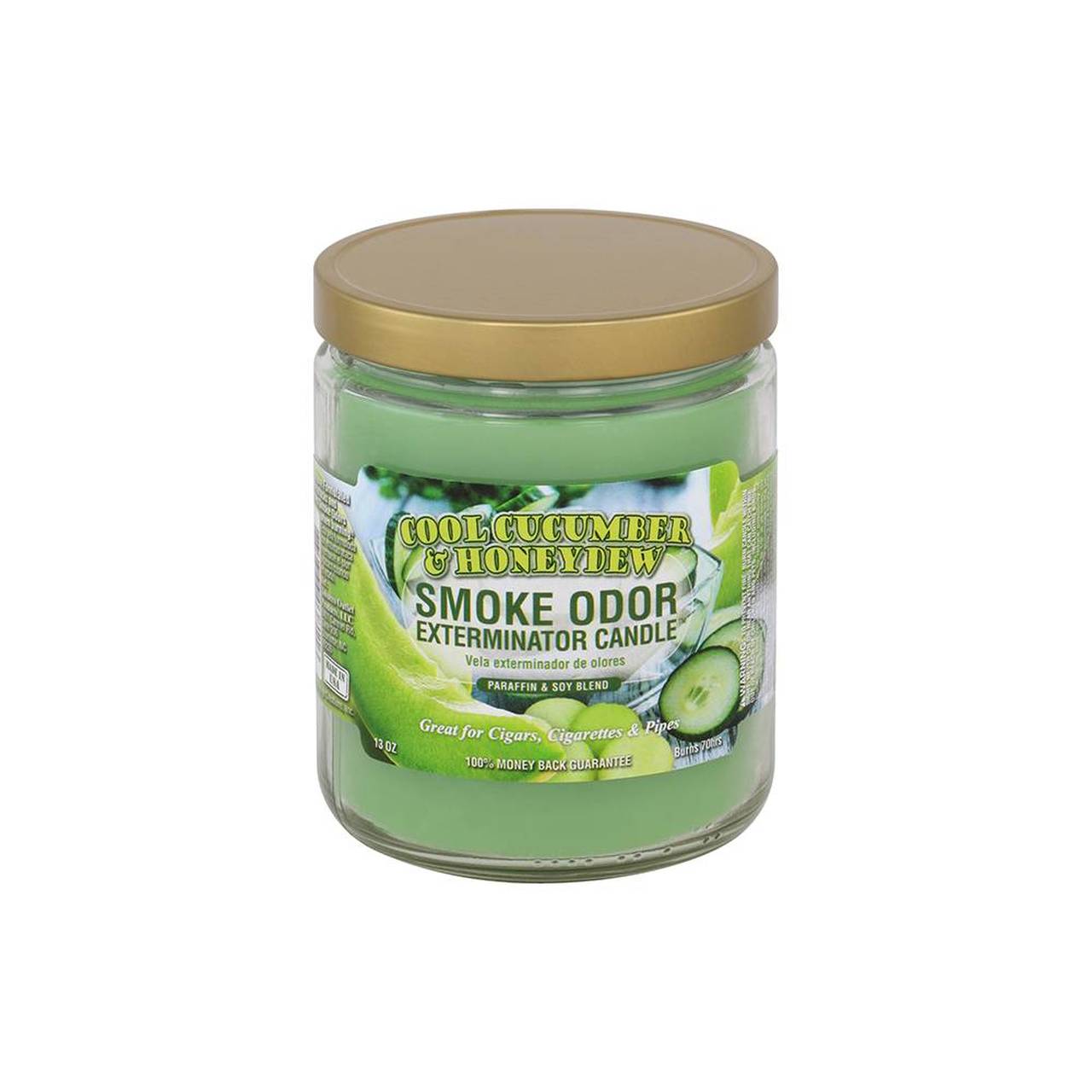 Front view of the Smoke Odor Exterminator Candle 13oz in a green Cool Cucumber & Honeydew design. This enzyme-activated glass mason jar candle physically binds to and neutralizes airborne smoke and environmental smells.