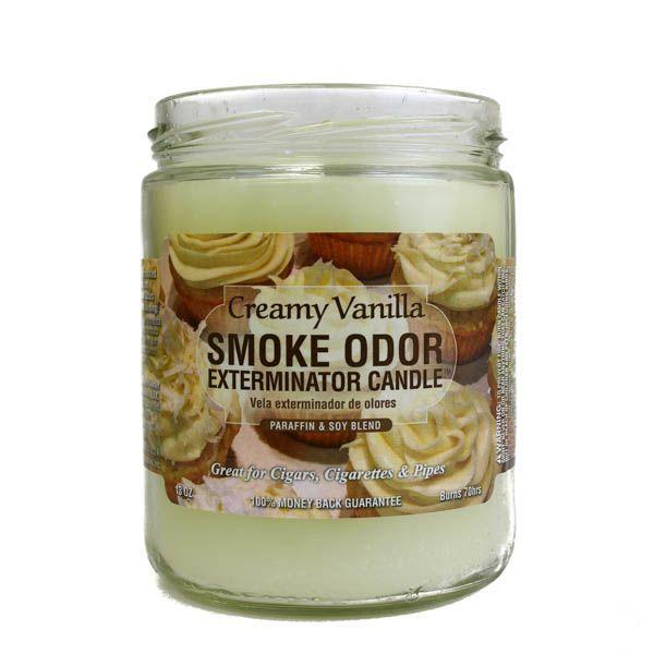 Front view of the Smoke Odor Exterminator Candle 13oz in a beige Creamy Vanilla design. This enzyme-activated glass mason jar candle physically binds to and neutralizes airborne smoke and environmental smells