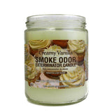 Front view of the Smoke Odor Exterminator Candle 13oz in a beige Creamy Vanilla design. This enzyme-activated glass mason jar candle physically binds to and neutralizes airborne smoke and environmental smells