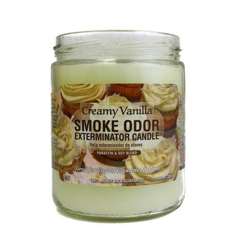 Front view of the Smoke Odor Exterminator Candle 13oz in a beige Creamy Vanilla design. This enzyme-activated glass mason jar candle physically binds to and neutralizes airborne smoke and environmental smells
