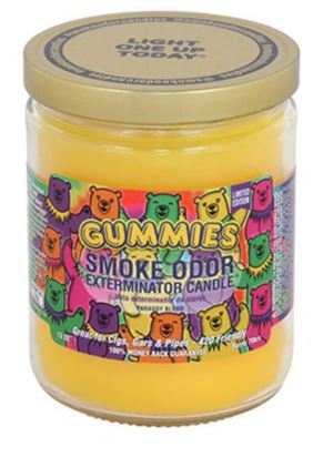 Front view of the Smoke Odor Exterminator Candle 13oz in a multi-colored candy Gummies design. This enzyme-activated glass mason jar candle physically binds to and neutralizes airborne smoke and environmental smells.