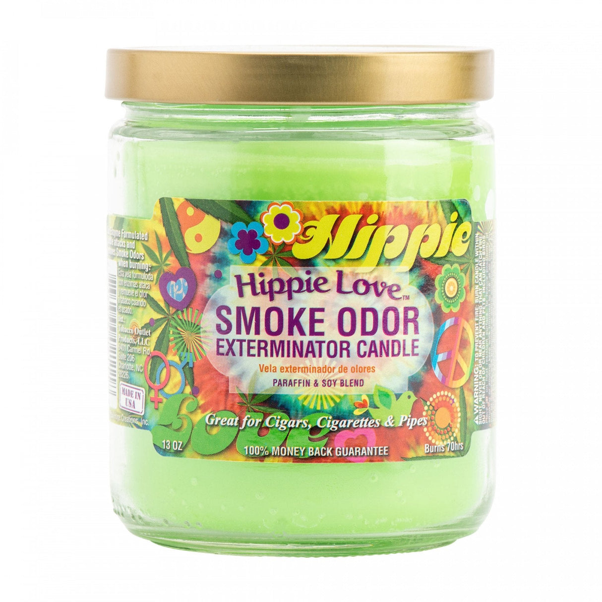 Front view of the Smoke Odor Exterminator Candle 13oz in a vibrant tie-dye Hippie Love design. This enzyme-activated glass mason jar candle physically binds to and neutralizes airborne smoke and environmental smells.