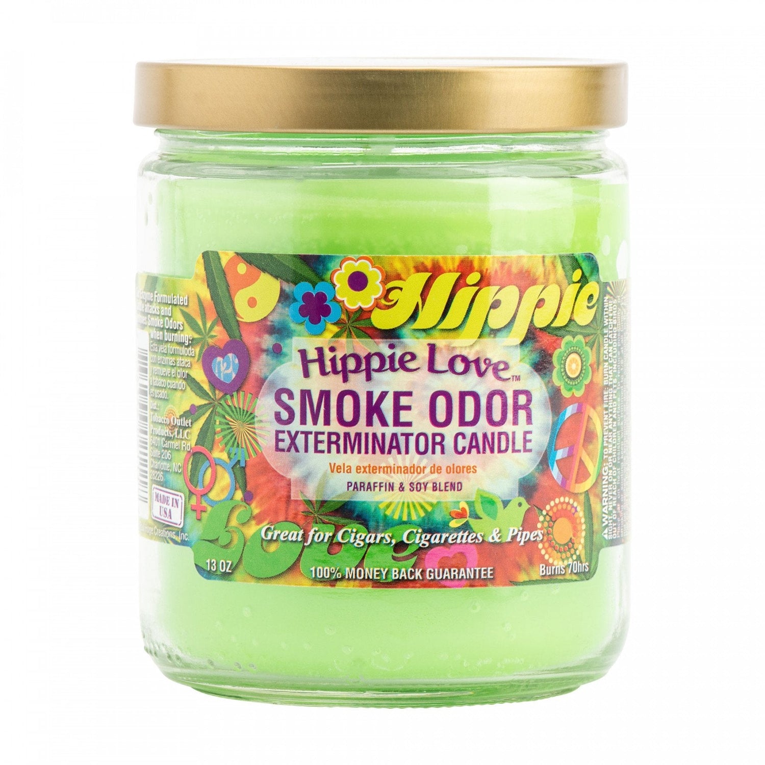 Front view of the Smoke Odor Exterminator Candle 13oz in a vibrant tie-dye Hippie Love design. This enzyme-activated glass mason jar candle physically binds to and neutralizes airborne smoke and environmental smells.