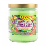 Front view of the Smoke Odor Exterminator Candle 13oz in a vibrant tie-dye Hippie Love design. This enzyme-activated glass mason jar candle physically binds to and neutralizes airborne smoke and environmental smells.