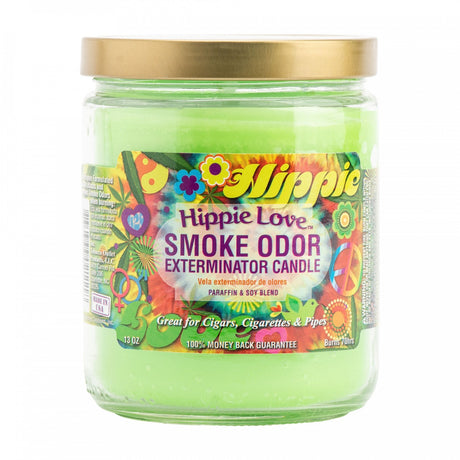 Front view of the Smoke Odor Exterminator Candle 13oz in a vibrant tie-dye Hippie Love design. This enzyme-activated glass mason jar candle physically binds to and neutralizes airborne smoke and environmental smells.