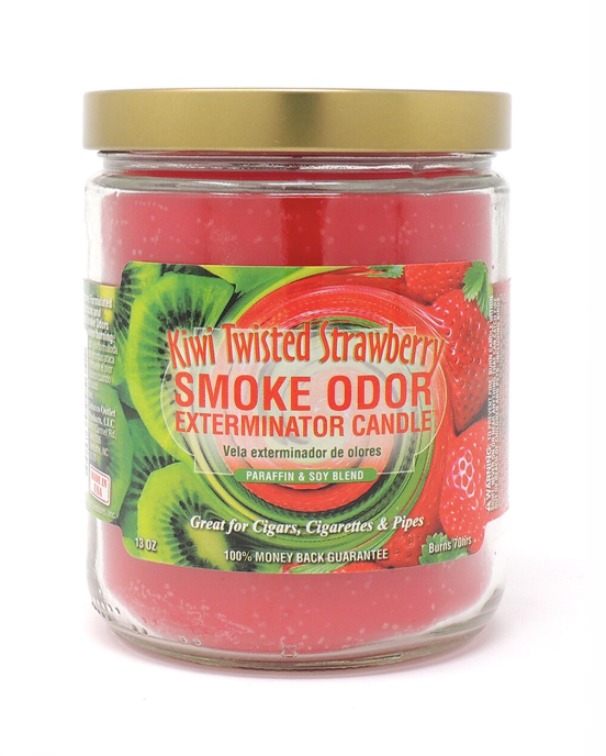 Front view of the Smoke Odor Exterminator Candle 13oz in a red and green Kiwi Twisted Strawberry design. This enzyme-activated glass mason jar candle physically binds to and neutralizes airborne smoke and environmental smells.