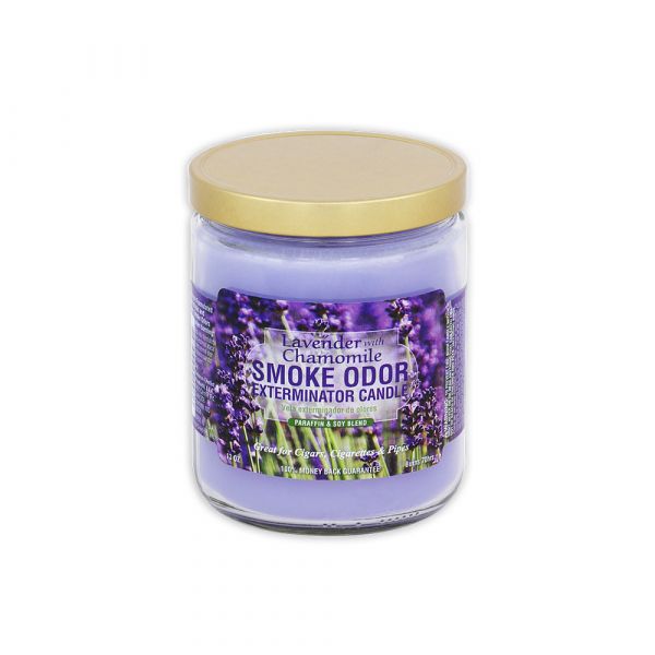Front view of the Smoke Odor Exterminator Candle 13oz in a purple Lavender & Chamomile design. This enzyme-activated glass mason jar candle physically binds to and neutralizes airborne smoke and environmental smells.