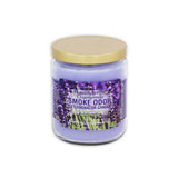 Front view of the Smoke Odor Exterminator Candle 13oz in a purple Lavender & Chamomile design. This enzyme-activated glass mason jar candle physically binds to and neutralizes airborne smoke and environmental smells.