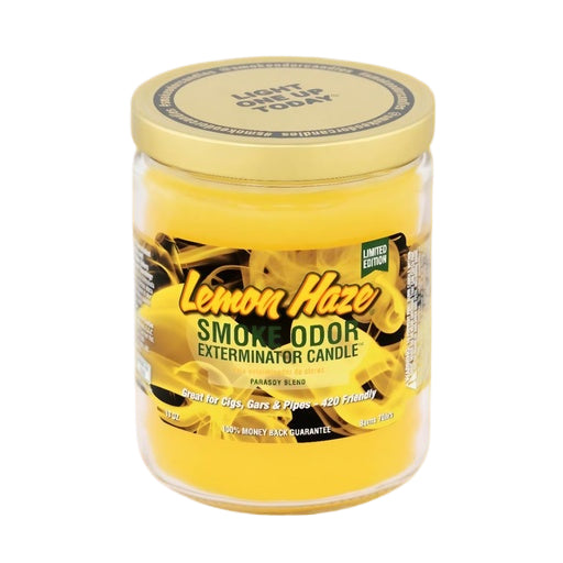 Front view of the Smoke Odor Exterminator Candle 13oz in a bright yellow Lemon Haze design. This enzyme-activated glass mason jar candle physically binds to and neutralizes airborne smoke and environmental smells.