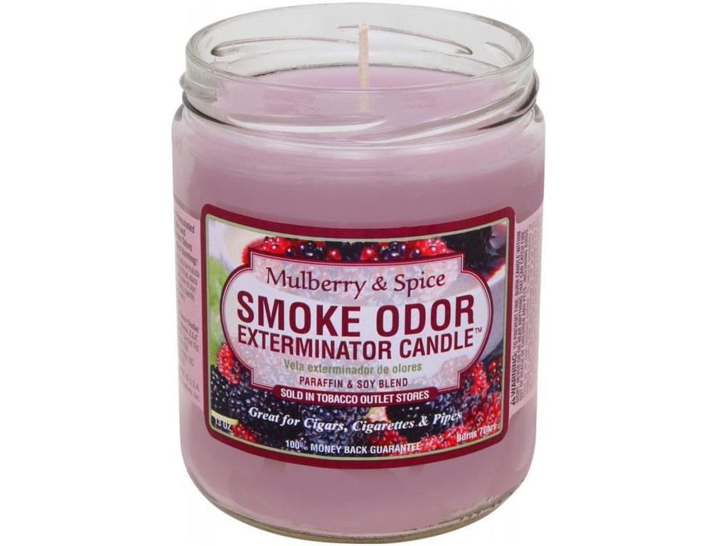 Front view of the Smoke Odor Exterminator Candle 13oz in a burgundy Mulberry & Spice design. This enzyme-activated glass mason jar candle physically binds to and neutralizes airborne smoke and environmental smells.