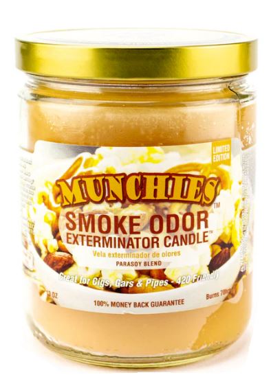Front view of the Smoke Odor Exterminator Candle 13oz in a snack-themed Munchies design. This enzyme-activated glass mason jar candle physically binds to and neutralizes airborne smoke and environmental smells.
