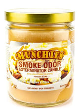 Front view of the Smoke Odor Exterminator Candle 13oz in a snack-themed Munchies design. This enzyme-activated glass mason jar candle physically binds to and neutralizes airborne smoke and environmental smells.