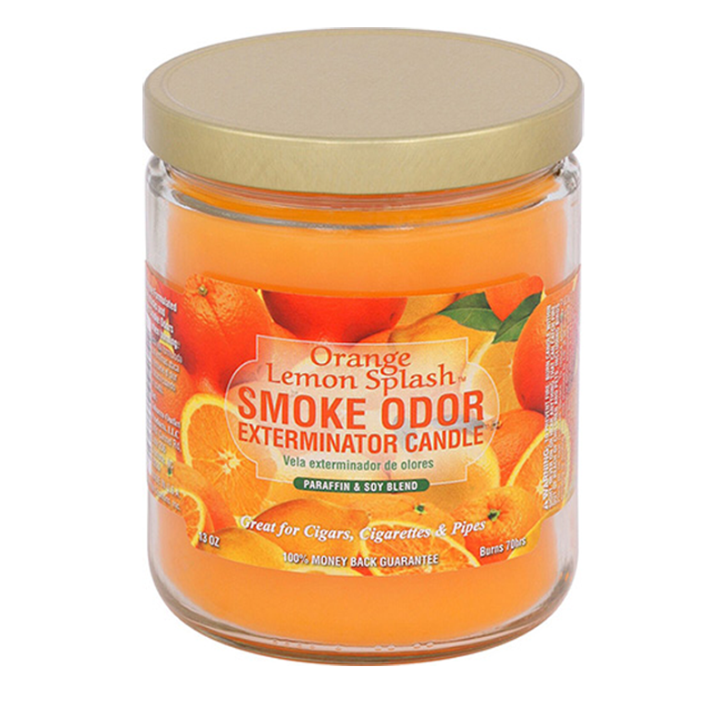 Front view of the Smoke Odor Exterminator Candle 13oz in an orange and yellow Orange Lemon Splash design. This enzyme-activated glass mason jar candle physically binds to and neutralizes airborne smoke and environmental smells.