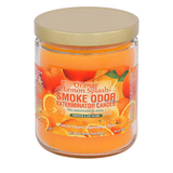 Front view of the Smoke Odor Exterminator Candle 13oz in an orange and yellow Orange Lemon Splash design. This enzyme-activated glass mason jar candle physically binds to and neutralizes airborne smoke and environmental smells.