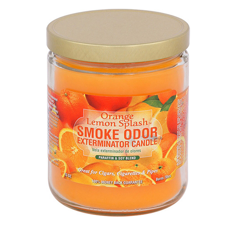 Front view of the Smoke Odor Exterminator Candle 13oz in an orange and yellow Orange Lemon Splash design. This enzyme-activated glass mason jar candle physically binds to and neutralizes airborne smoke and environmental smells.