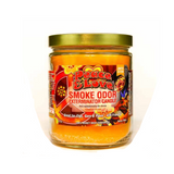 Front view of the Smoke Odor Exterminator Candle 13oz in a colorful Peace & Love design. This enzyme-activated glass mason jar candle physically binds to and neutralizes airborne smoke and environmental smells.