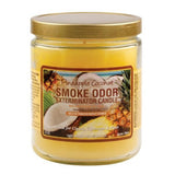 Front view of the Smoke Odor Exterminator Candle 13oz in a yellow and brown Pineapple Coconut design. This enzyme-activated glass mason jar candle physically binds to and neutralizes airborne smoke and environmental smells.