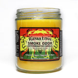 Front view of the Smoke Odor Exterminator Candle 13oz in a red, yellow, and green Rasta Love design. This enzyme-activated glass mason jar candle physically binds to and neutralizes airborne smoke and environmental smells