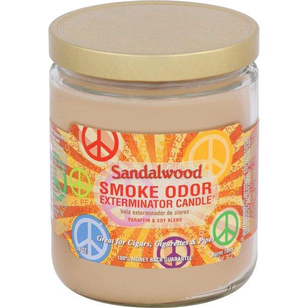 Front view of the Smoke Odor Exterminator Candle 13oz in a wood-grain Sandalwood design. This enzyme-activated glass mason jar candle physically binds to and neutralizes airborne smoke and environmental smells.