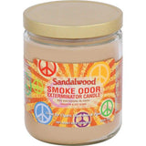 Front view of the Smoke Odor Exterminator Candle 13oz in a wood-grain Sandalwood design. This enzyme-activated glass mason jar candle physically binds to and neutralizes airborne smoke and environmental smells.